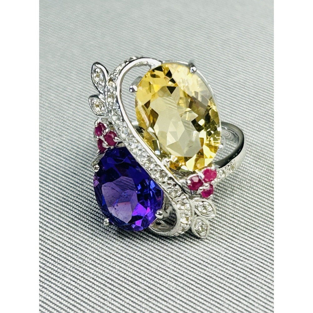 Silver PL Size 8.25 Ring With Purple & Yellow Faux Stone‎ Plated Jewelry